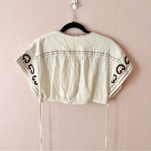 FREE People Kai Embroidered Cropped Top Pants Set Cream Brown Medium New - Picture 4 of 12